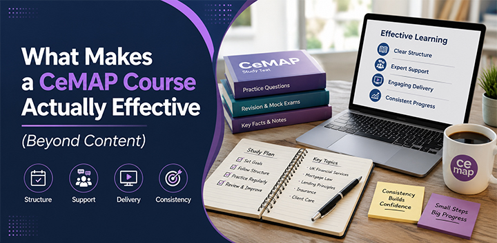Student studying CeMAP with organised study materials, laptop and notebook, illustrating how structure, support, delivery and consistency contribute to an effective CeMAP course.