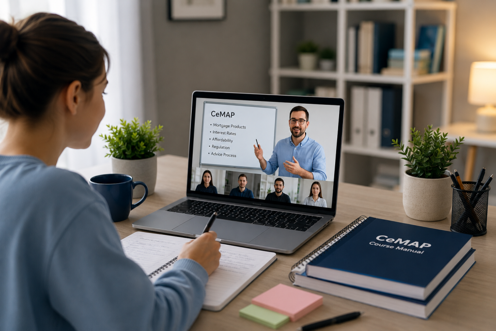 Learner attending a live CeMAP virtual classroom session on a laptop while taking notes during online mortgage adviser training.