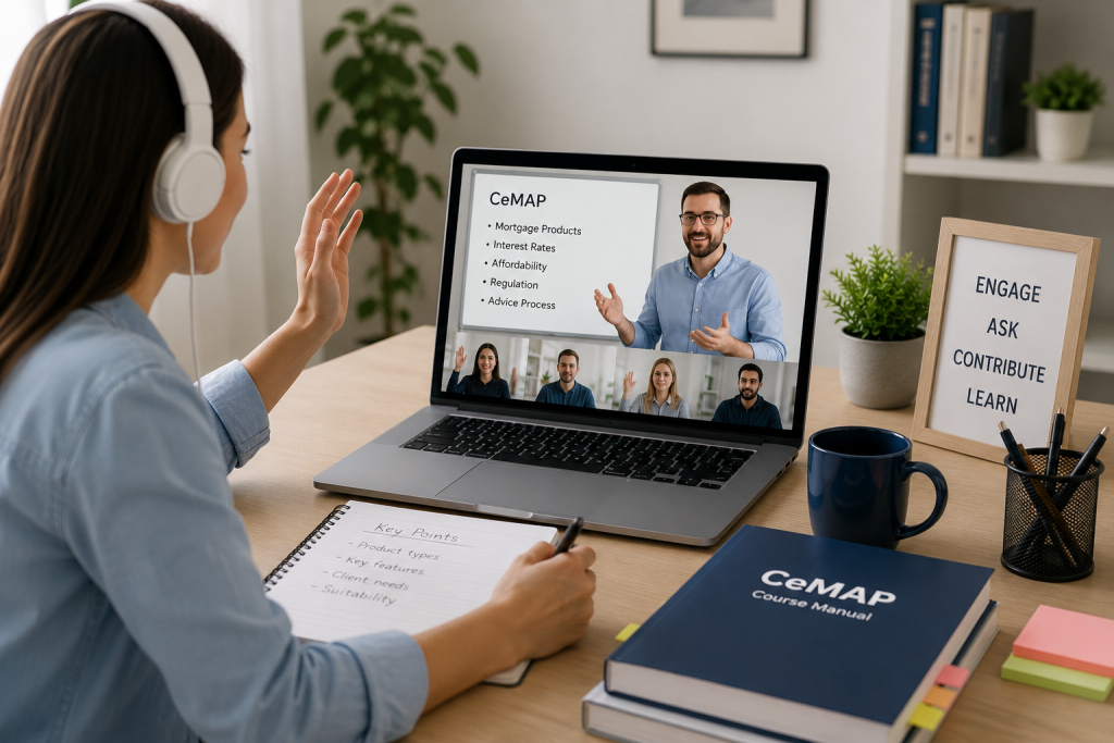 CeMAP learner actively participating in a live virtual classroom by asking questions and engaging with the online tutor.