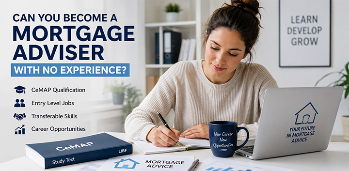 Person studying CeMAP qualification at a desk with a laptop, representing how to become a mortgage adviser with no previous experience.