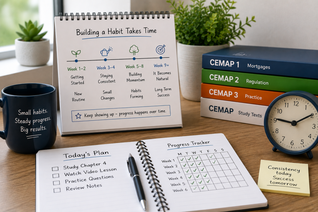 CeMAP study desk with habit tracker, study planner, course books and calendar showing consistent study progress over time.