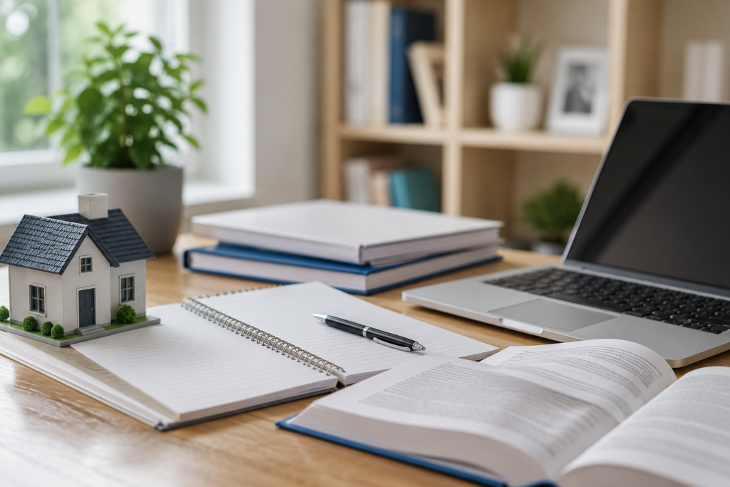 Study desk with mortgage books, laptop, notebook and a model house representing the CeMAP qualification and preparation for a mortgage adviser career.