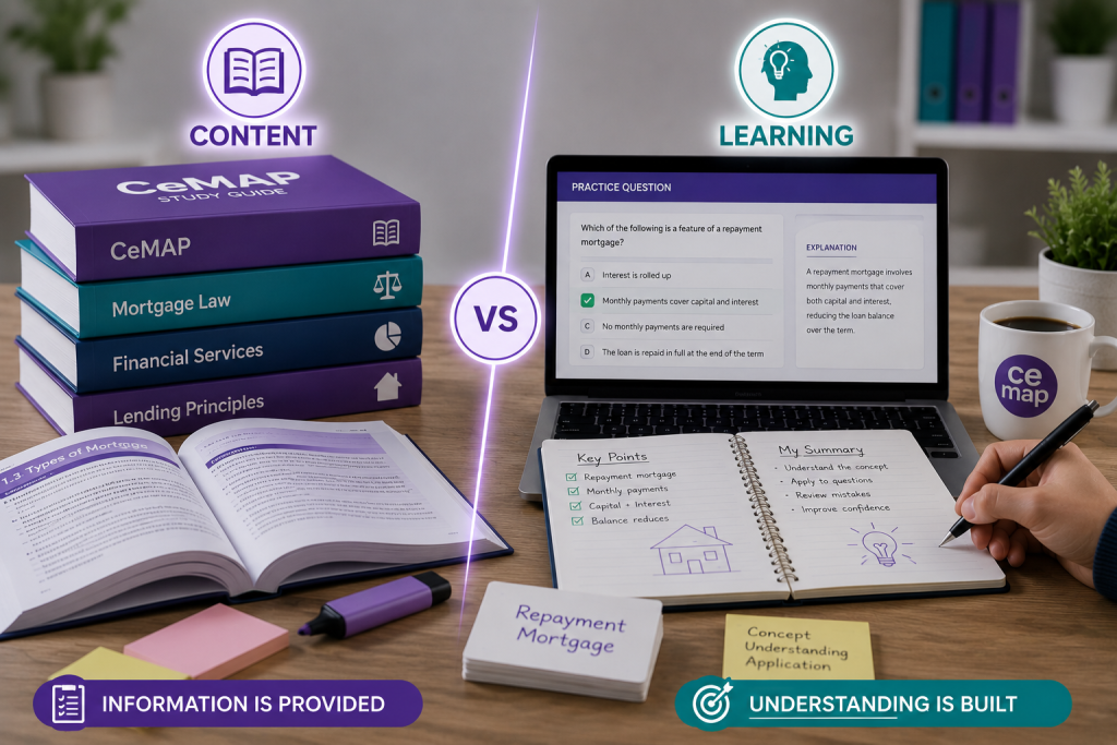 CeMAP study workspace comparing study materials with active learning methods, showing the difference between reading content and building understanding through practice and revision.