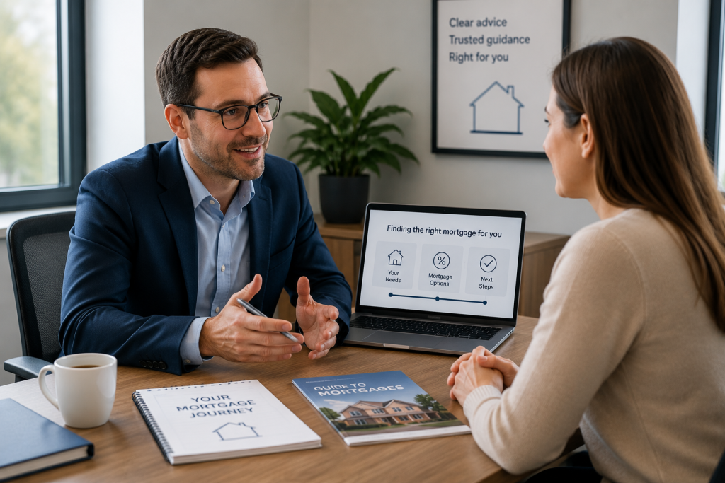 Mortgage adviser meeting a client face to face to discuss mortgage options and provide personalised financial guidance