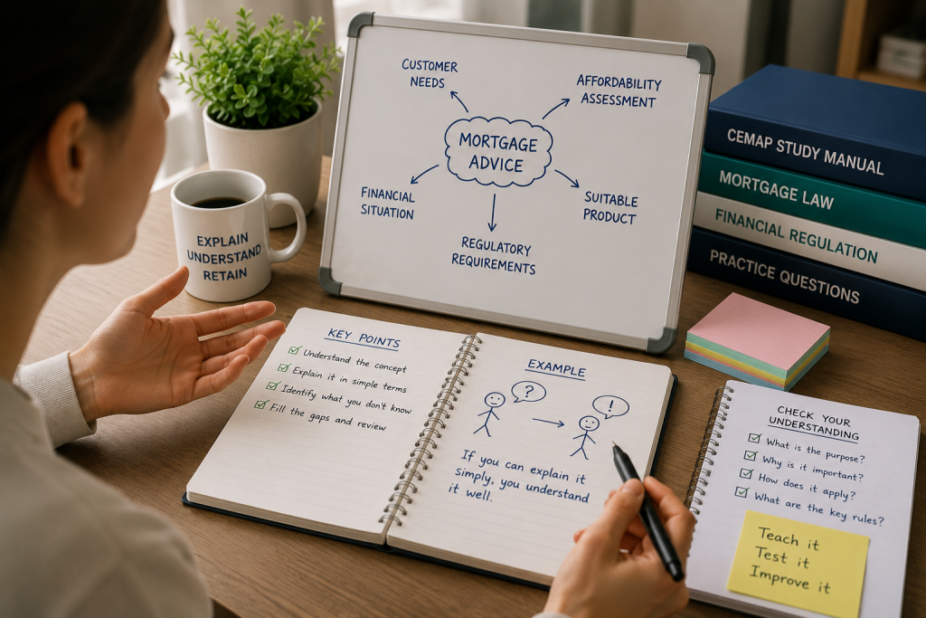 CeMAP learner explaining a mortgage advice topic using notes and a study board to identify knowledge gaps during revision
