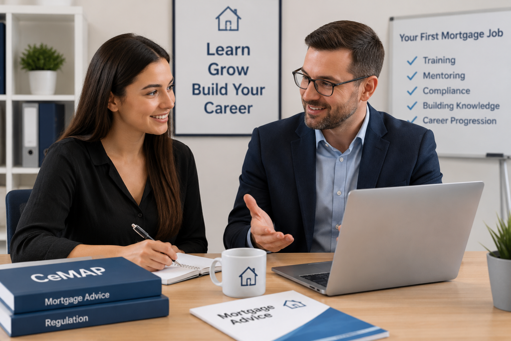 A trainee mortgage adviser receiving guidance from an experienced colleague in a modern office during their first mortgage job.