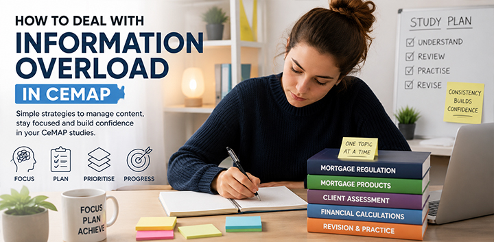 Student managing CeMAP information overload with organised study notes, revision books and a structured learning plan for the mortgage adviser qualification.