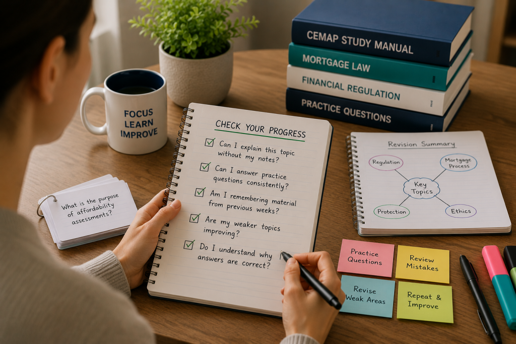 CeMAP learner reviewing study progress with revision notes, flashcards and a self-assessment checklist during exam preparation.