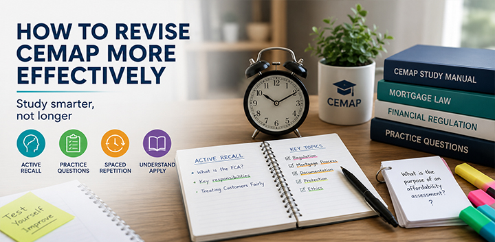 Student revising for CeMAP using active recall, practice questions and spaced repetition with organised study notes and learning resources.
