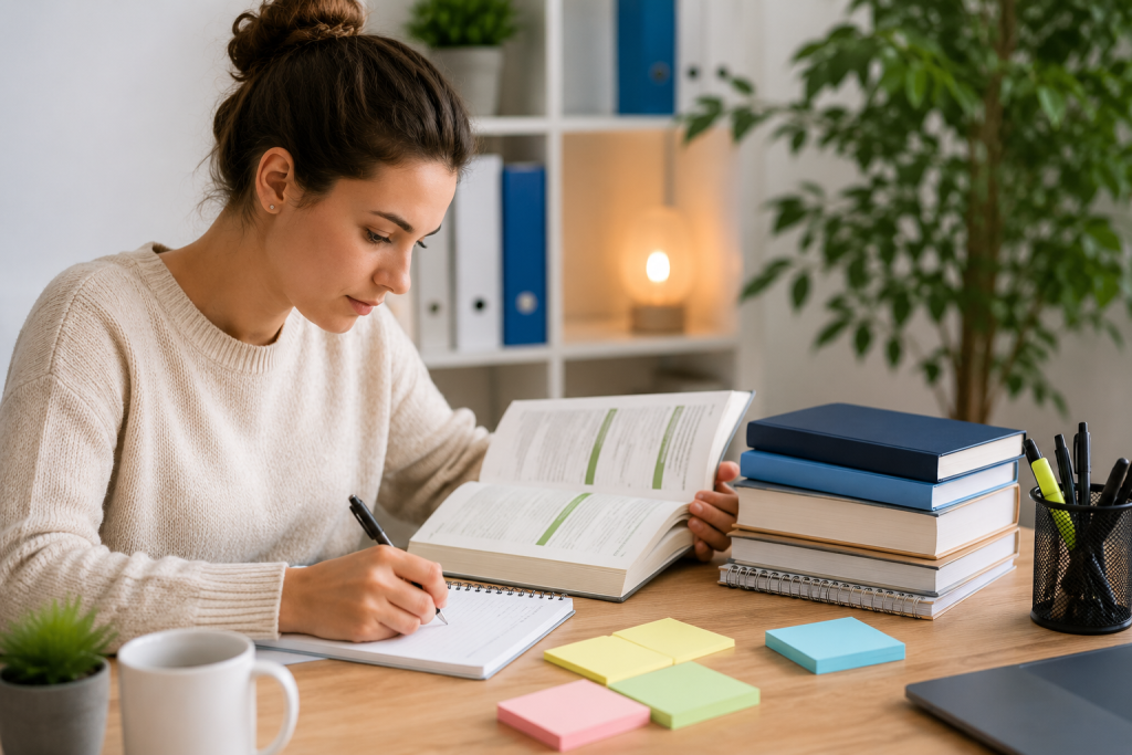CeMAP learner studying one topic at a time with organised notes and textbooks to manage information overload effectively.