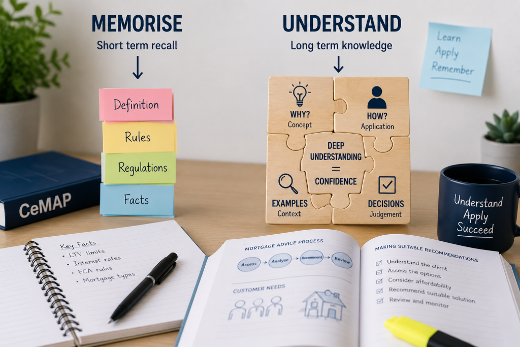 Study resources illustrating the difference between memorising facts and understanding CeMAP concepts for long-term learning.