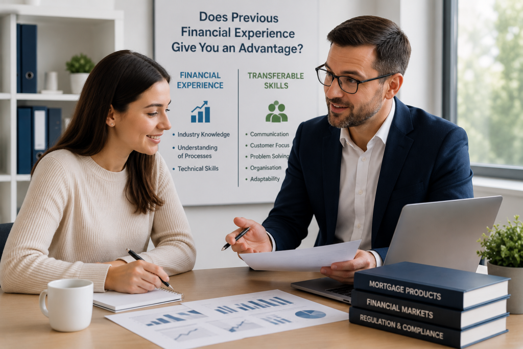 An experienced mortgage professional mentoring a trainee in a modern office, showing that both financial experience and transferable skills are valuable for a mortgage adviser career.