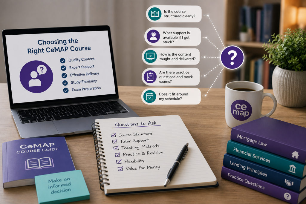Student comparing CeMAP courses using a checklist, laptop and study materials to evaluate course structure, tutor support, teaching methods and learning resources.