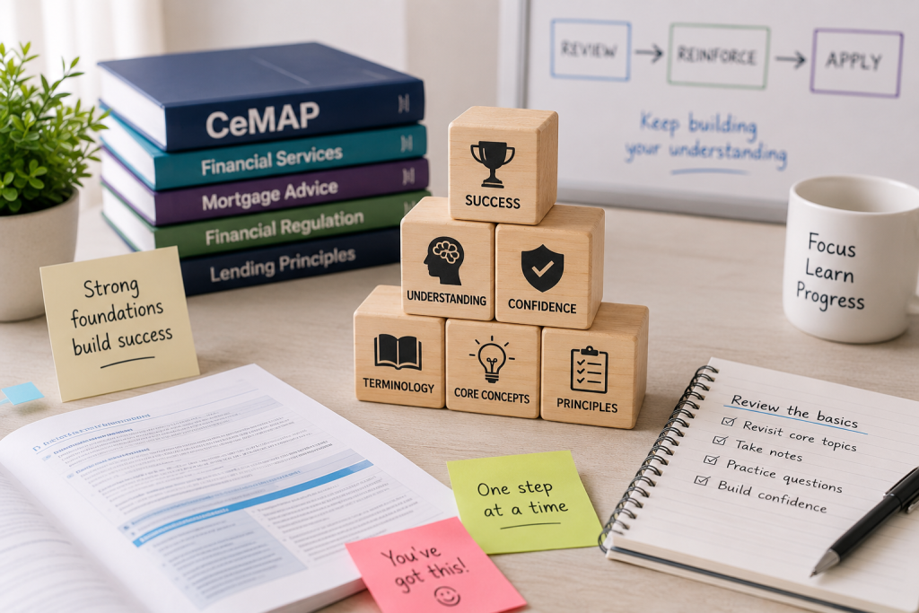 CeMAP study materials arranged to represent building strong foundations by revisiting core mortgage adviser qualification concepts.