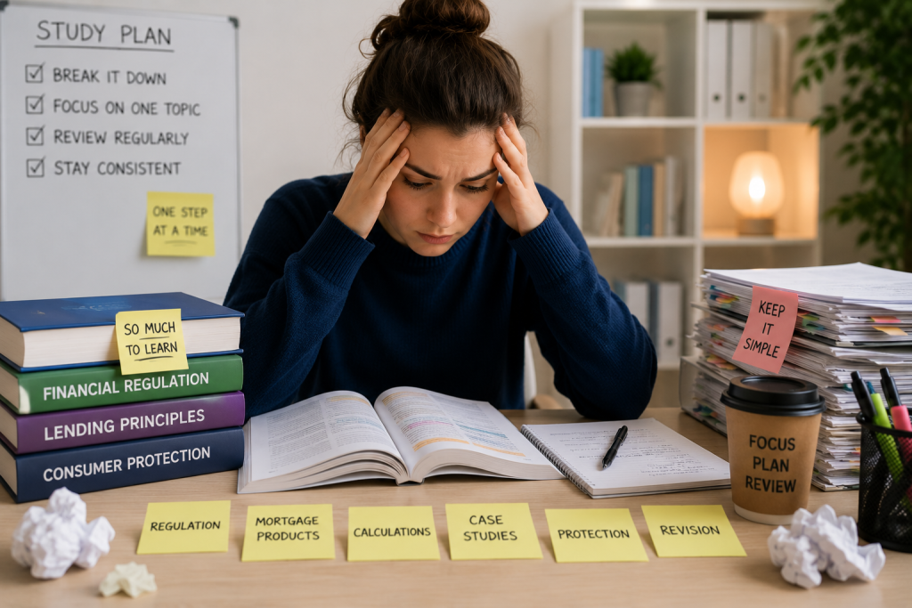 CeMAP learner feeling overwhelmed while studying with books, notes and revision materials spread across a desk.