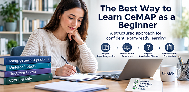 Student following a structured CeMAP study plan using books, online learning resources and practice questions to prepare for CeMAP exams