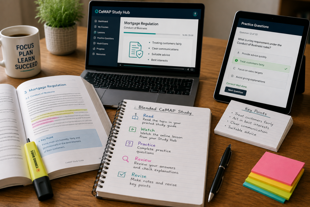 CeMAP learner using a printed study guide alongside an online learning platform, practice questions and handwritten revision notes to reinforce understanding through blended study.