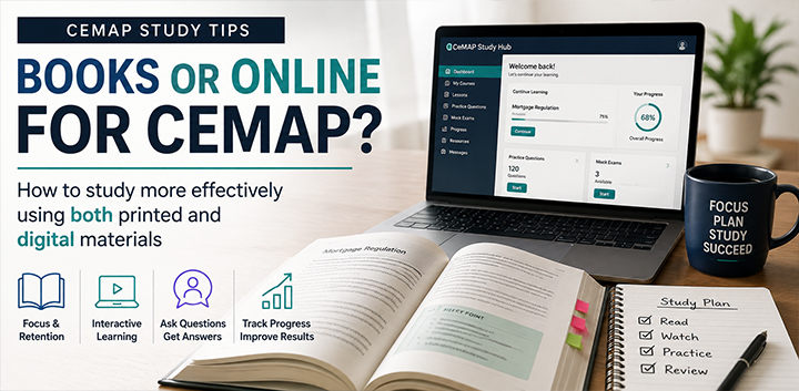 Learner studying CeMAP using both printed study books and an online learning platform, demonstrating how digital and physical study materials work together for effective exam preparation.