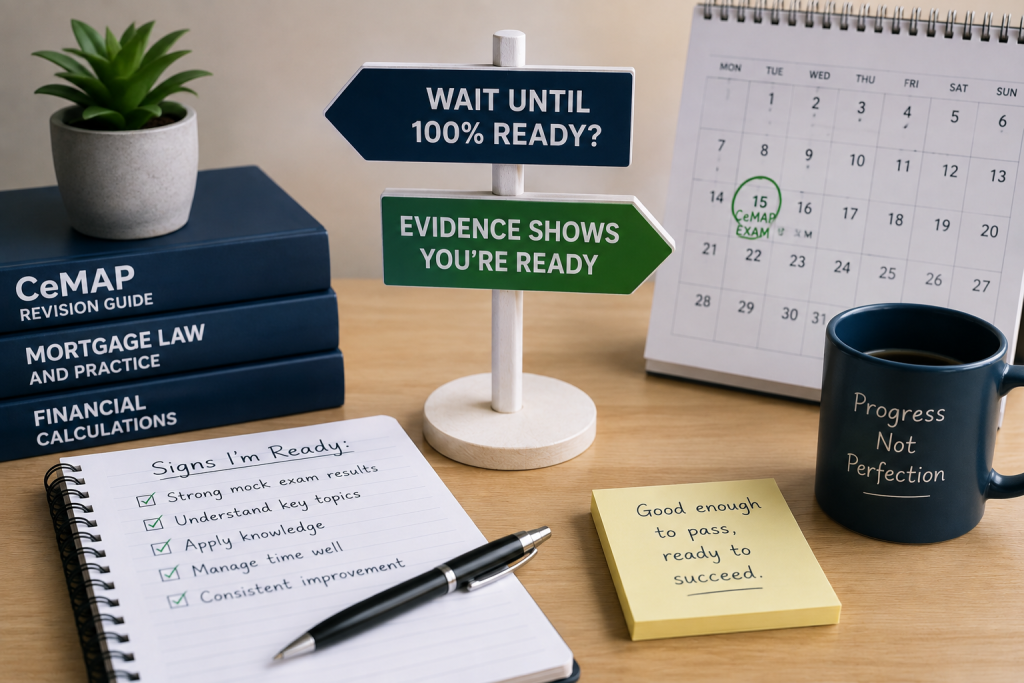 CeMAP revision books, study checklist and exam calendar representing deciding when to book a CeMAP exam based on readiness rather than perfect confidence.