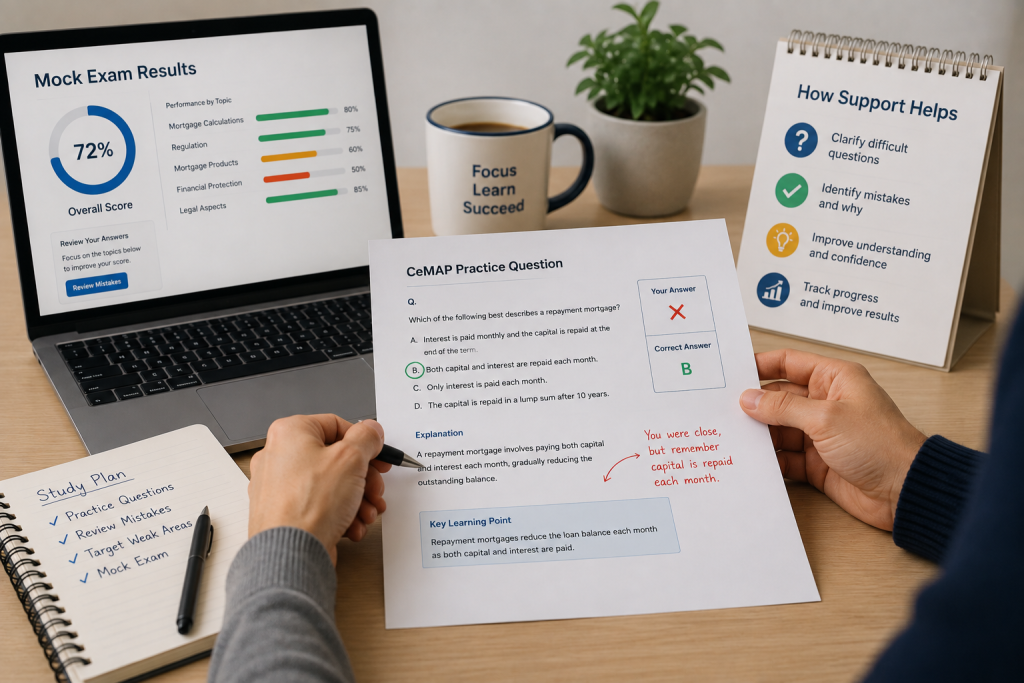 CeMAP learner reviewing mock exam results and practice question mistakes with study support