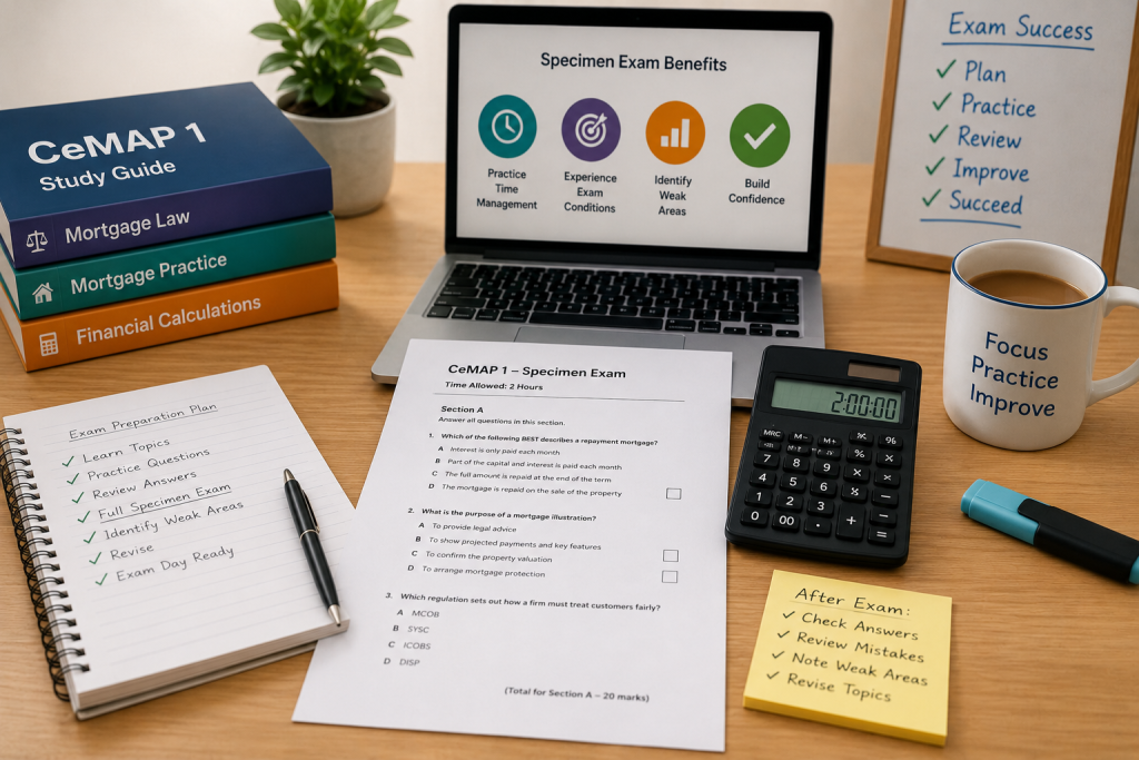 CeMAP specimen exam paper with study notes, calculator and revision materials preparing learners for their mortgage adviser qualification