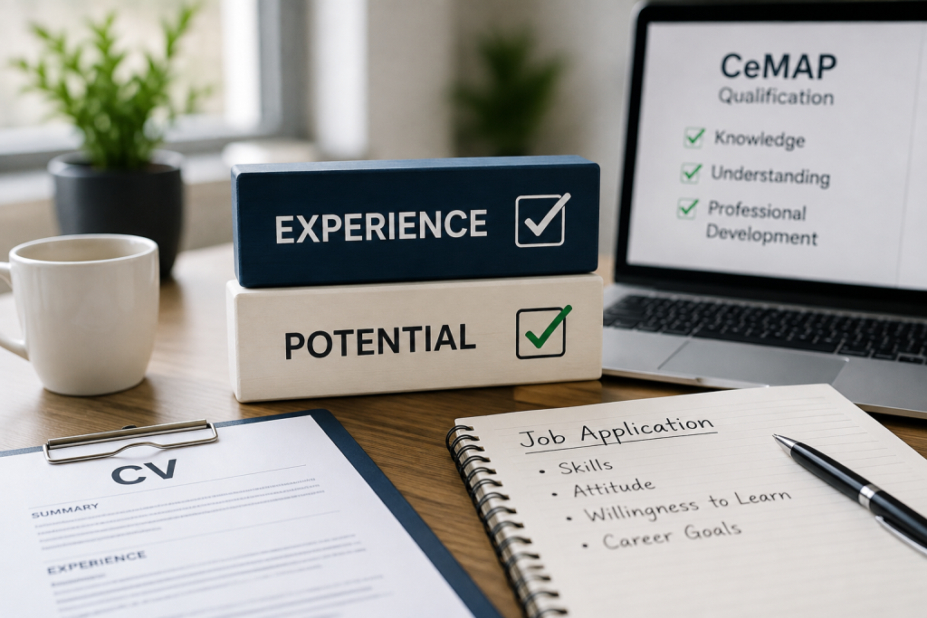 CeMAP job application showing the balance between previous experience, skills and potential