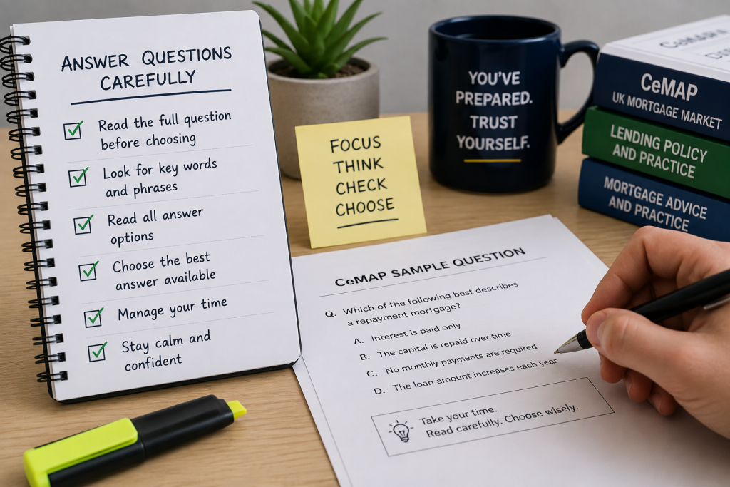 CeMAP learner practising how to read and answer multiple-choice exam questions carefully