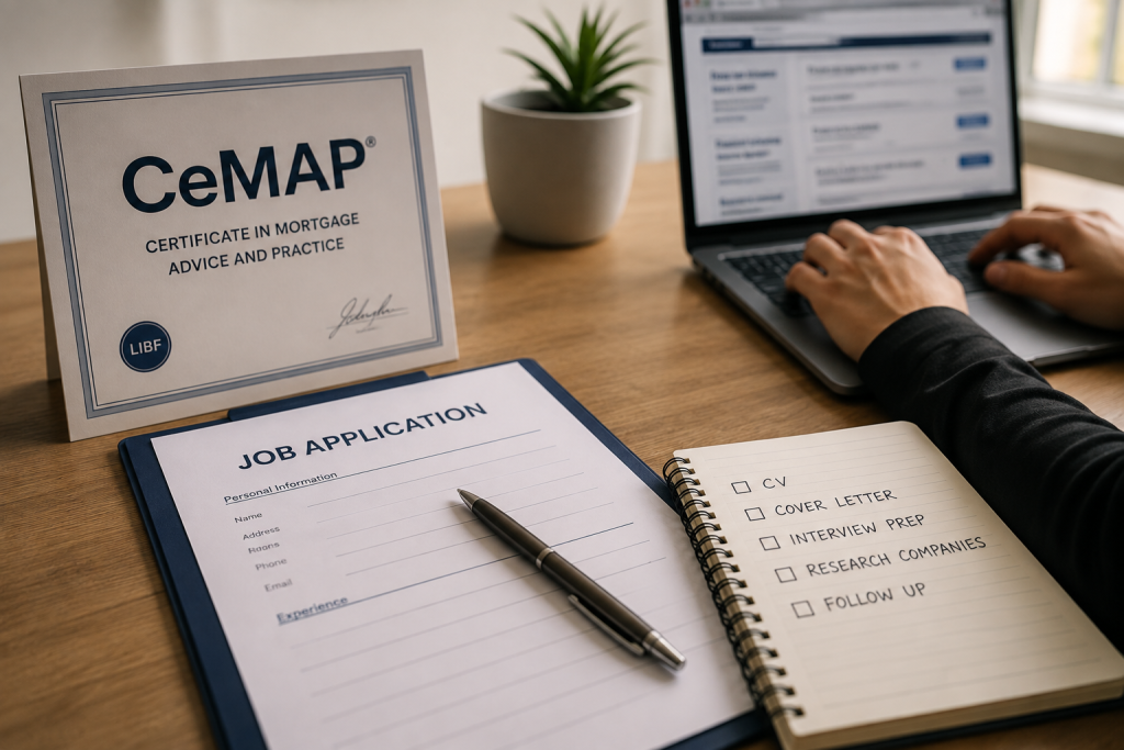CeMAP certificate alongside a job application and career planning materials, representing the transition from qualification to finding a first mortgage adviser role.