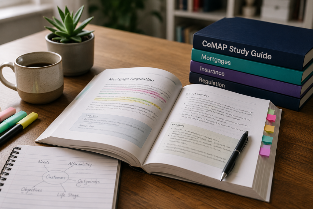 Open CeMAP study guide with highlighted pages, handwritten notes and printed revision books on a study desk, illustrating focused learning using physical study materials.