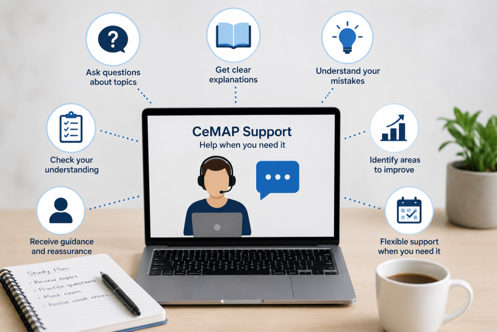 CeMAP study support providing explanations, guidance and help with questions