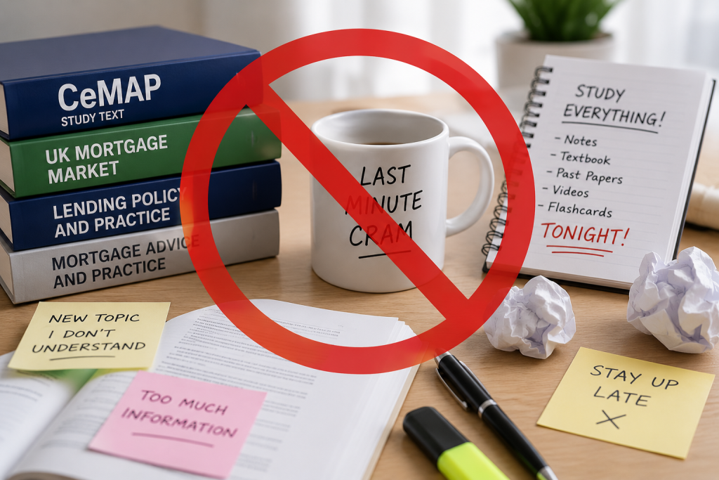 CeMAP exam preparation showing last-minute cramming and late-night study habits to avoid