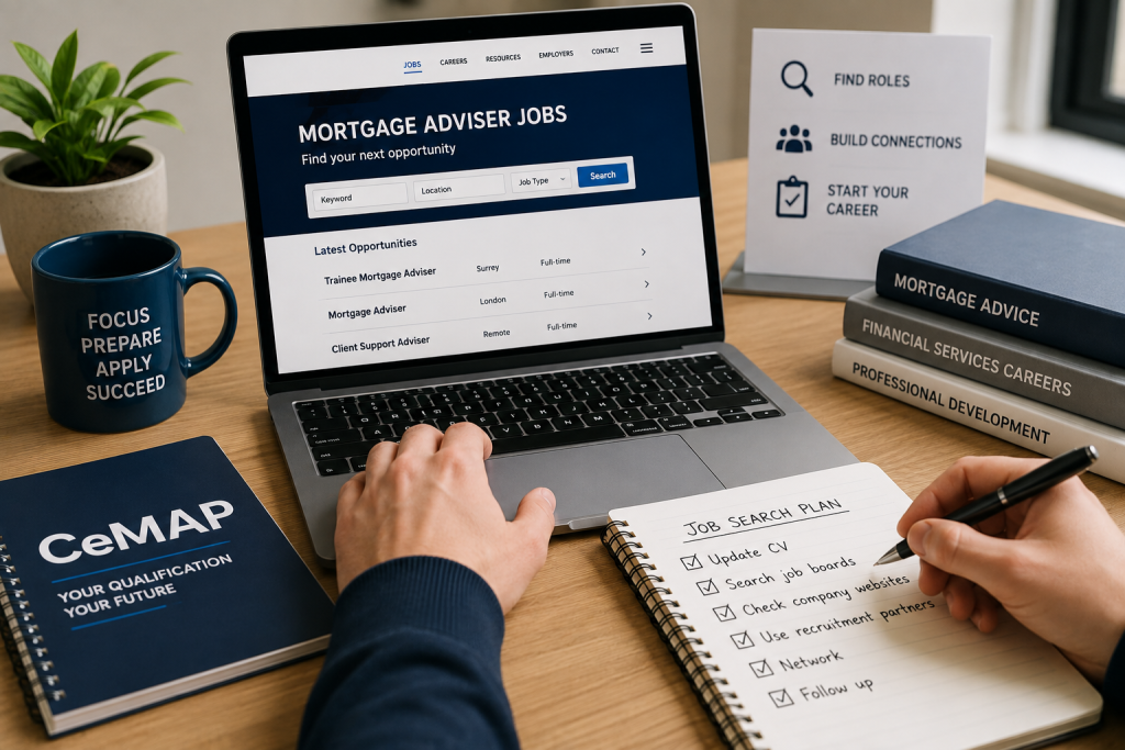 Person searching mortgage adviser job vacancies on a laptop with CeMAP study materials and a job search checklist on a desk.
