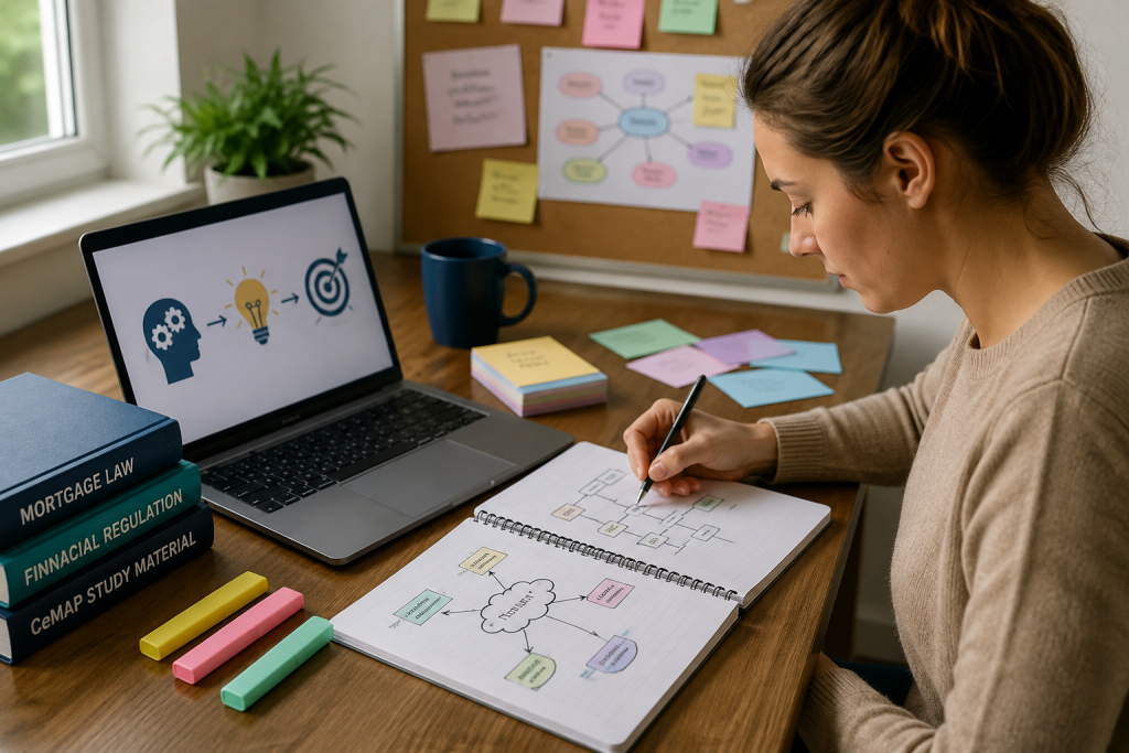 CeMAP learner using active learning techniques including mind maps, study notes and flashcards to understand mortgage topics.