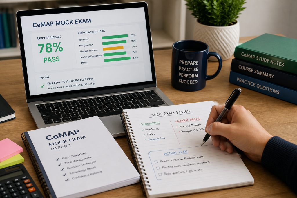 CeMAP learner reviewing mock exam results to identify strengths and weaker topics before the exam