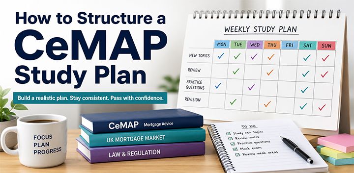 CeMAP study plan showing a weekly schedule for topics, revision and practice questions