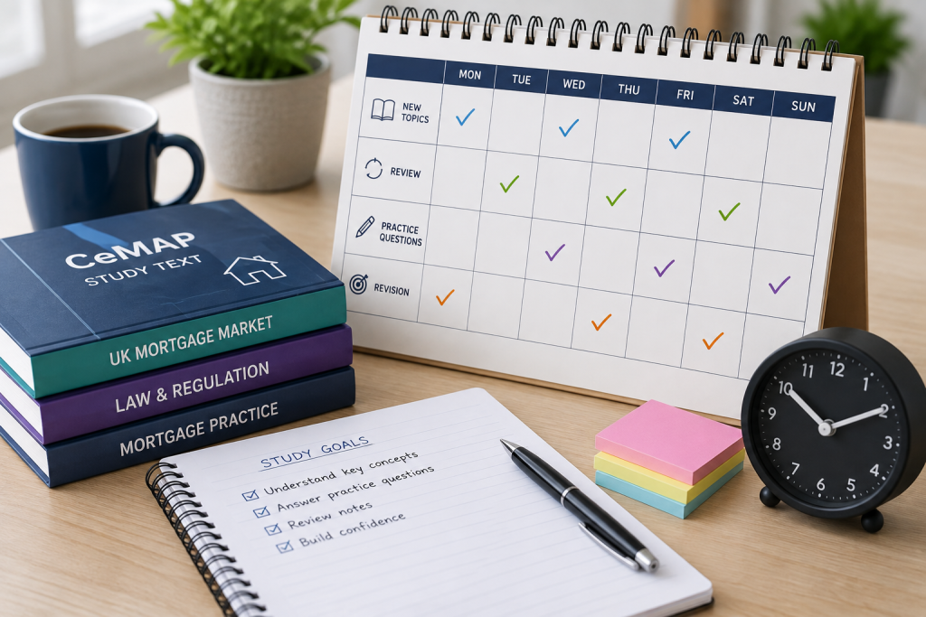 Weekly CeMAP study schedule balancing new topics, revision and practice questions