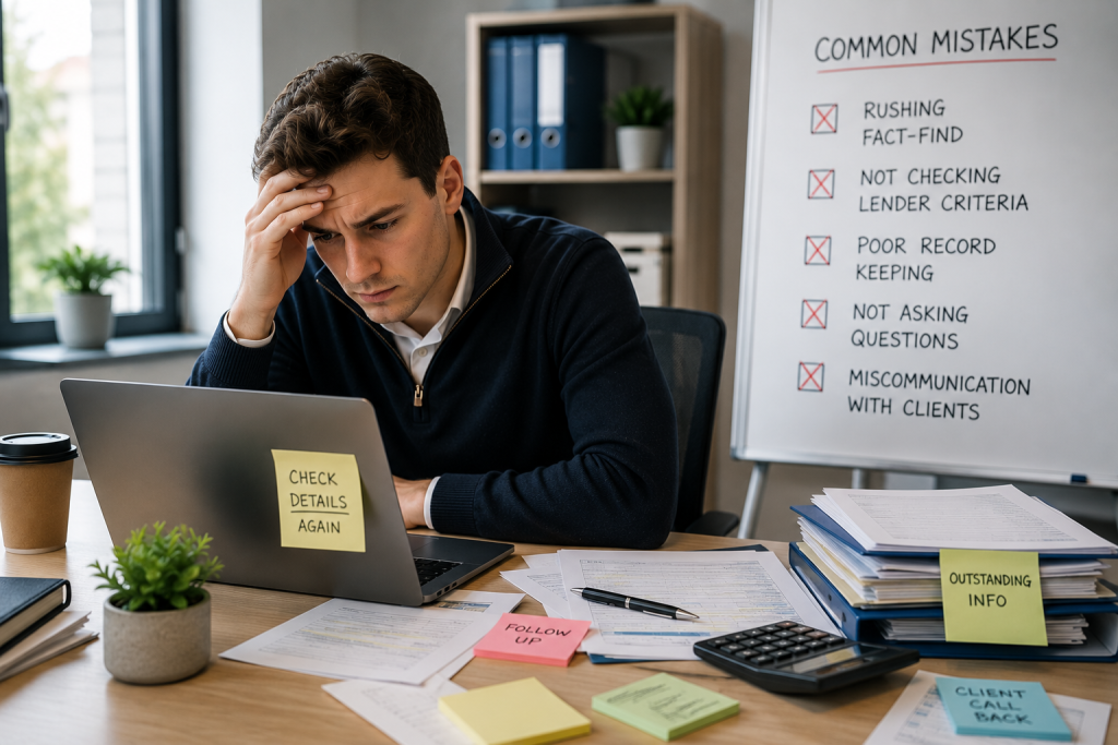 Trainee mortgage adviser reviewing casework and learning from common mistakes