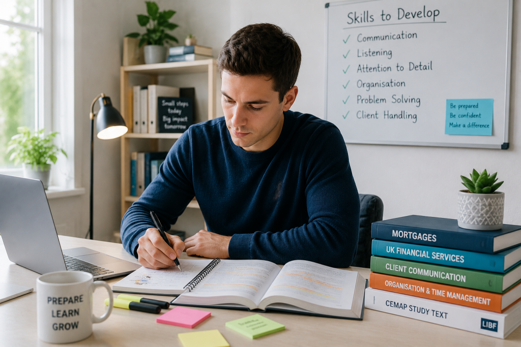 Aspiring mortgage adviser developing communication, organisation and client-handling skills before starting their first mortgage adviser job.