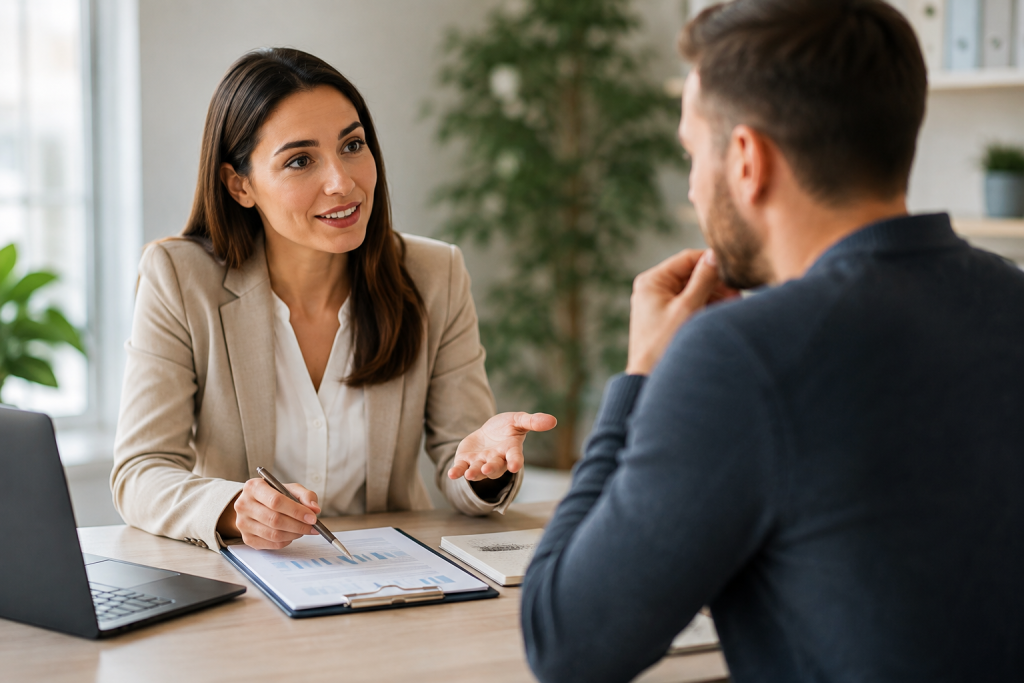 Mortgage adviser using clear communication and listening skills while discussing financial information with a client.