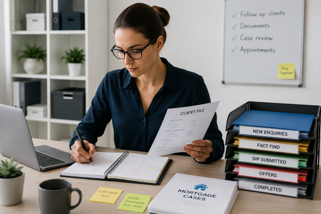 Mortgage adviser organising client files, appointments and mortgage cases while managing documents at their desk.
