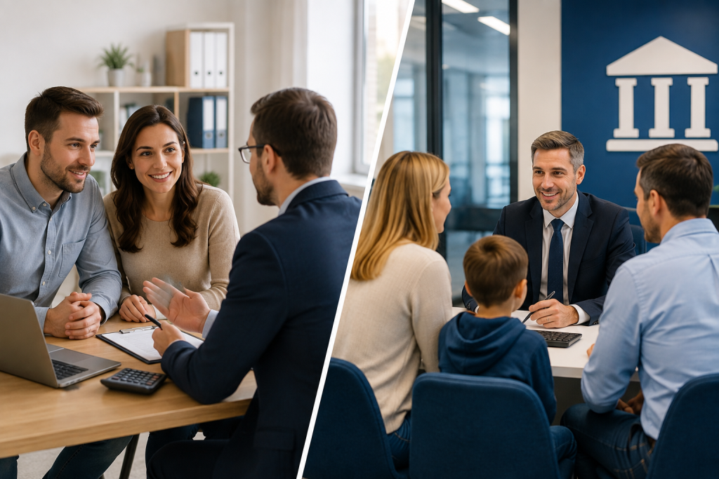 Mortgage broker and bank adviser meeting different types of UK mortgage clients