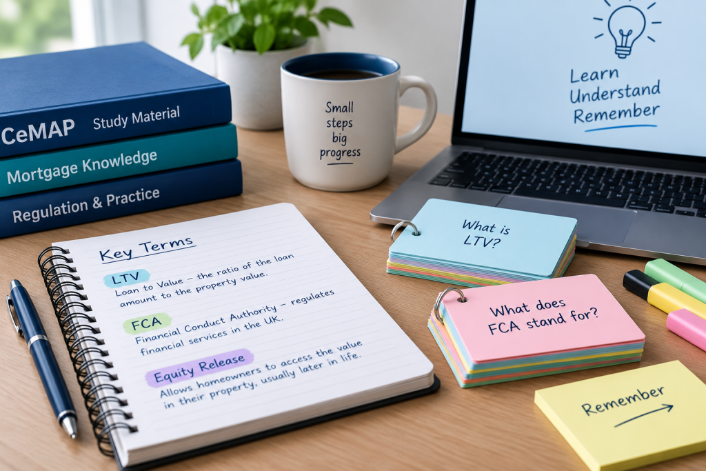 CeMAP study notes and flashcards used to remember key mortgage terms and financial concepts.