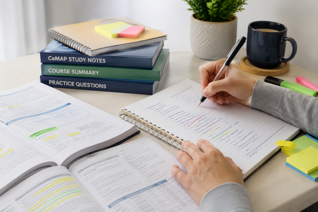 CeMAP learner reviewing study notes and revision materials before their exam