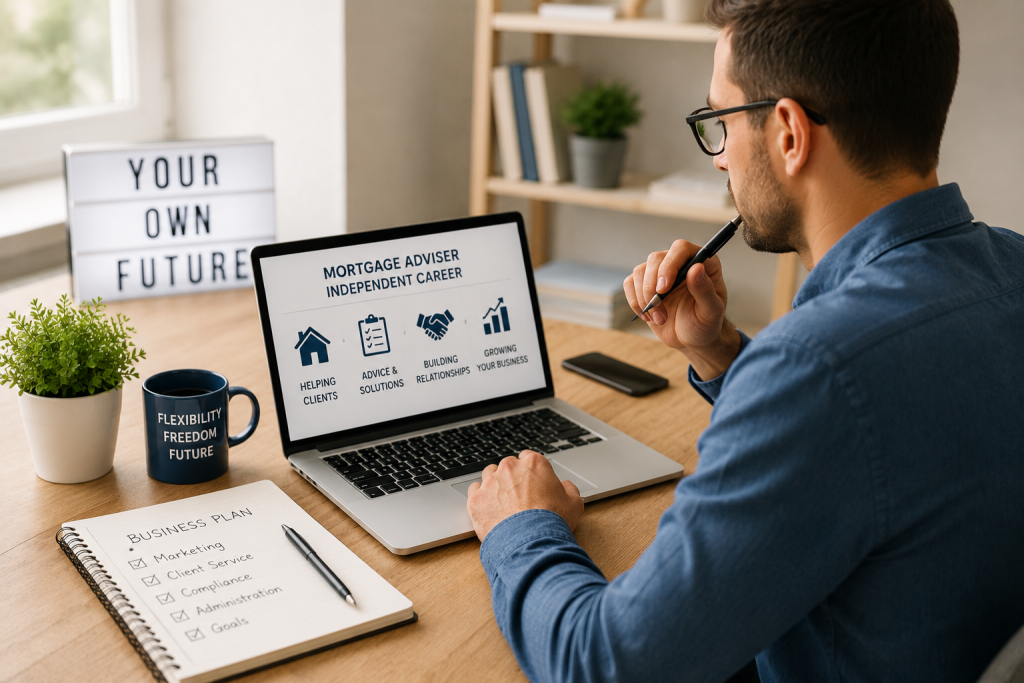 Self-employed mortgage adviser planning their business after gaining CeMAP and industry experience.