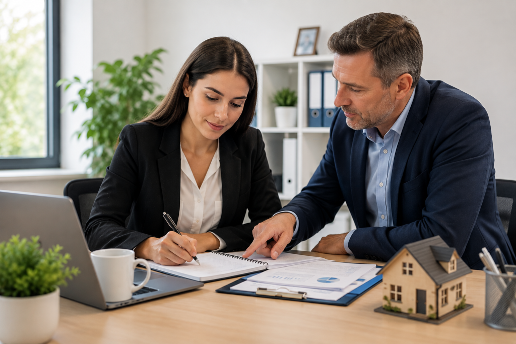 Trainee mortgage adviser receiving guidance and feedback from an experienced colleague