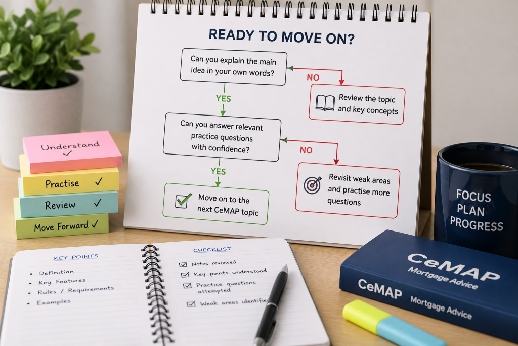CeMAP study checklist showing when to review or move on to the next topic